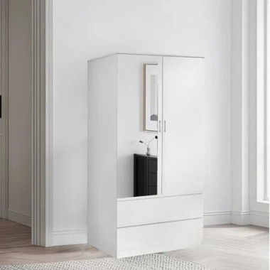 Wardrobe Cabinet Armoire Clothes Garment Storage Shelves Unit Organiser Glass Mirror Door Drawer Closet Cupboard Bedroom Furniture Hanging Rail White