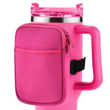 Water Bottle Pouch For Stanley Quencher Adventure 40oz & Stanley IceFlow 20oz 30oz Tumbler Pouch With Pocket For Cards Keys Wallet Earphone Compact - Versatile (Deep Pink)