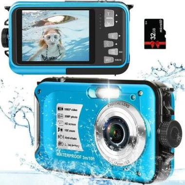 Waterproof Camera 1080P Snorkeling Underwater 32GB 30MP FHD Compact 16X Digital Zoom Portable Photography Blue