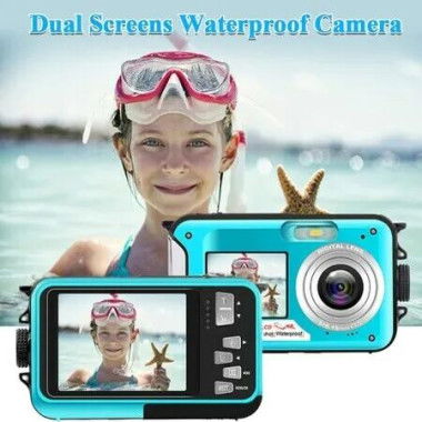 Waterproof Camera Underwater Cameras for Snorkeling Full HD 2.7K 48MP Video Recorder Selfie Dual Screens 10ft 16X Digital Zoom Blue