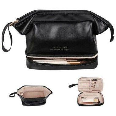 Waterproof Cosmetic Bag Large Capacity Travel Leather Makeup Bag Double Layer For All The Cosmetics-Black