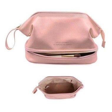 Waterproof Cosmetic Bag Large Capacity Travel Leather Makeup Bag Double Layer For All The Cosmetics-Pink