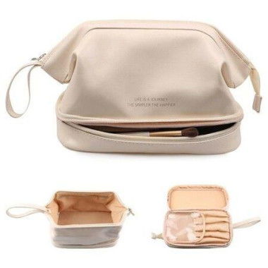 Waterproof Cosmetic Bag Large Capacity Travel Leather Makeup Bag Double Layer For All The Cosmetics-White