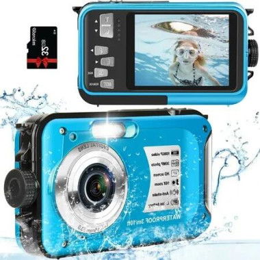 Waterproof Underwater Camera: 30MP with 32GB Card, 16X Digital Zoom, and 10FT Depth for Snorkeling (Blue)