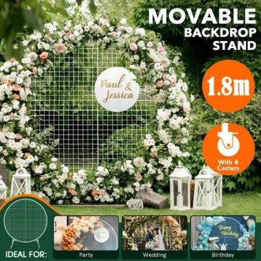 Wedding Party Backdrop Stand with Wheels Movable Round Hoop Arch Mesh Photo Balloon Flower Display Circle Metal Frame 1.8M