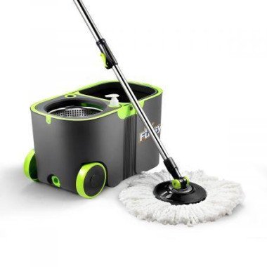 Wheeled Bucket + Handle Length Adjustable Spin Mop With 4Pcs Super Absorbent Swivel Mop Head.