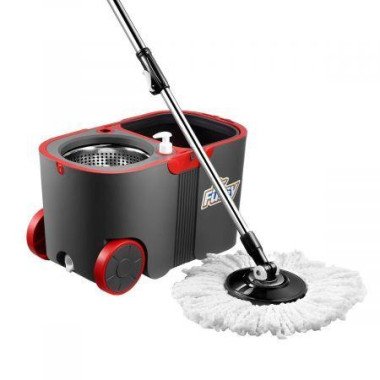Wheeled Red Bucket + Handle Length Adjustable Spin Mop With 4Pcs Super Absorbent Swivel Mop Head.