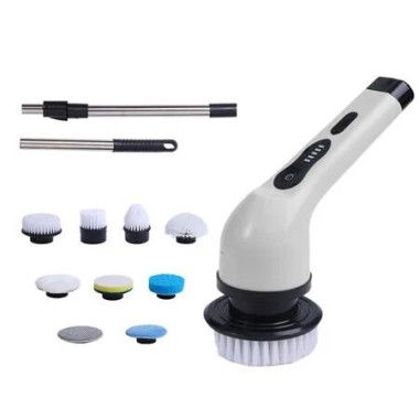 White 9 In 1 Electric Cleaning Brush Multi-Functional Automatic Rotating Telescopic 9 Replacement Heads Powerful for Bathroom & Floor