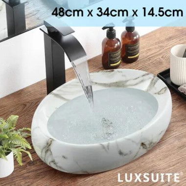 White Bathroom Sink Vessel Vanity Hand Wash Basin Washing Bowl Above Counter Toilet Bath Countertop Ceramic Modern Oval 48x34x14.5cm