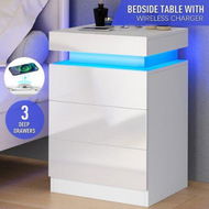 Detailed information about the product White Bedside Table Chest of 3 Drawers Nightstand Bedroom Dresser Storage Cabinet Wooden Modern LED Lights Wireless Charging 3 USB Ports High Gloss Front