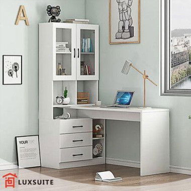 White Computer Desk Bookcase Office Study Writing Laptop Table Shelving Bookshelf Workstation With Drawers Shelves Cabinets