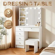 Detailed information about the product White Dressing Table and Stool Set Bedroom Dresser Makeup Vanity Desk with 10 LED Lighted Hollywood Mirror 5 Storage Drawer 4 Shelves Modern Furniture