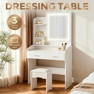 Detailed information about the product White Dressing Table Set Makeup Dresser Vanity Mirror Desk Stool PU Leather Chair 2 Storage Drawers Shelves 3 Lighting Modes Modern Bedroom Furniture