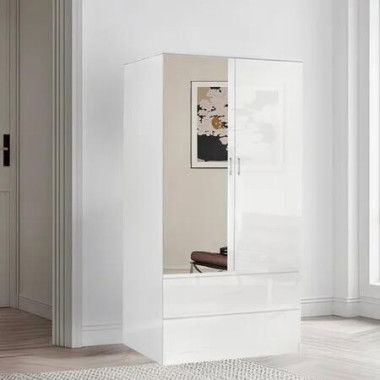 White Wardrobe Dresser Cabinet Armoire Clothes Garment Storage Cupboard Organiser 2 Door 2 Drawer Bedroom Furniture Hanging Rail High Gloss Front Unit