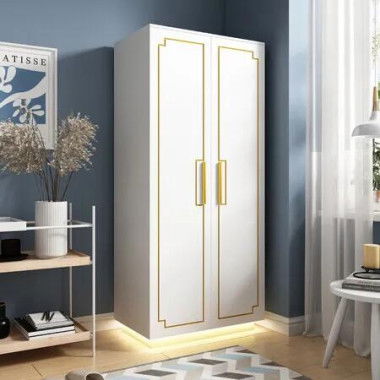 White Wardrobe LED Clothes Storage Cabinet Closet 2 Doors Armoire Cupboard Wooden Bedroom Furniture Bedding Organiser Shelf Coat Rail 80x50x180cm