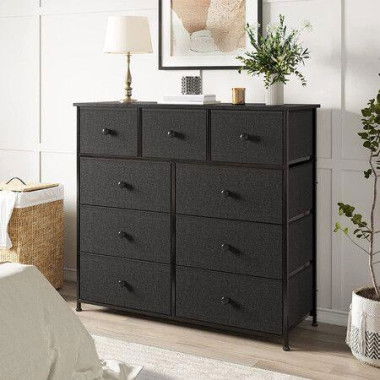 Wide Chest Of 9 Drawers Tall Dresser Tallboy Black Console Table Bedroom Closet Organizer Storage Tower Unit Fabric Wood Top