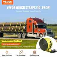 Detailed information about the product Winch Straps, 10.2 cm x 9.1 m, 2.7T Load Capacity, 8.2T Break Strength, Truck Straps with Flat Hook, Flatbed Tie Downs Cargo Control for Trailers, Farms, Rescues, Tree Saver, Yellow (10 Pack)