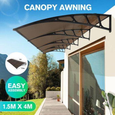 Window Awning Front Door Outdoor Patio Canopy 1.5x4m House Deck Porch Balcony Cover Sun Shade Rain Snow UV Shield Polycarbonate Brown.