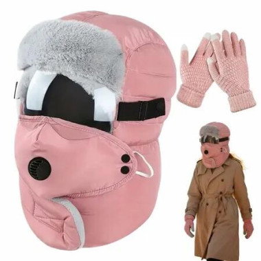Winter Trapper Hat Gloves Mask And Goggles Set Thick Windproof Wool Thermal Gear For Men And Women Skiing Cycling Fishing And Outdoor Sports Col Pink