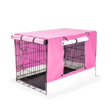 Wire Dog Cage Foldable Crate Kennel 24 Inches With Tray + PINK Cover Combo.