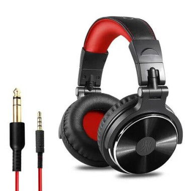 Wired Bass Headsets with 50mm Driver, Foldable Lightweight Headphones with Shareport and Mic for Recording Monitoring Podcast Guitar PC TV (Black and Red)