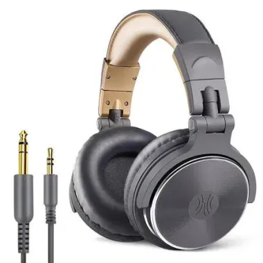 Wired Bass Headsets with 50mm Driver, Foldable Lightweight Headphones with Shareport and Mic for Recording Monitoring Podcast Guitar PC TV (Khaki and Grey)