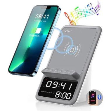 Wireless Charging Station with Bluetooth Speaker and Alarm Clock, 4 in 1 Wireless Charger Compatible with iPhone and Android Phones, White
