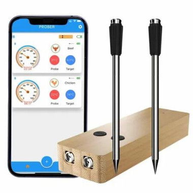 Wireless Meat Thermometer 2 Probes, 500FT Long Wireless Range Thin Probes APP Control Bluetooth Meat Thermometer