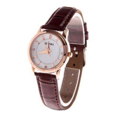 Womens Fashion Leather Strap Quartz Wristwatch With Rhinestone Decoration - Brown + Rose Gold.