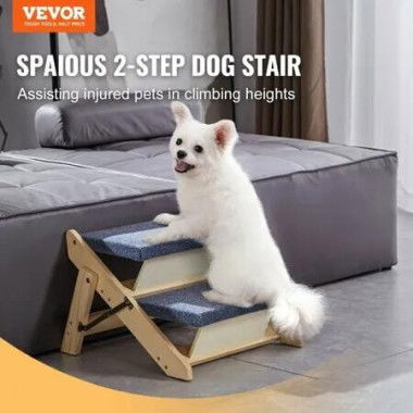 Wood Pet Stairs/Pet Steps, 2-in-1 Foldable Wooden Dog Stair for Beds, Sofa and Cars, Dog Stairs & Ramp with 2 Steps for Small Medium Large Pet, up to 110 lbs