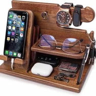 Detailed information about the product Wood Phone Docking Station Ash Key Holder Stand Watch Organizer Men Gift Husband Wife Anniversary Dad Birthday Nightstand Purse Father Graduation Male Travel Idea Gadgets