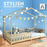 Detailed information about the product Wooden Bed Frame Single Size Toddler Mattress Base Kids Bedroom Furniture Floor Platform Foundation House Pine Wood with Children Safety Guard Rail