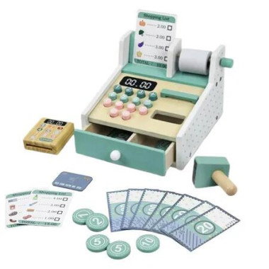 Wooden Cash Register Toy for Kids Pretend Play Set with Scanner Card Reader Play Money & Shopping Lists Ideal for Birthdays & Festivals for Ages 3+