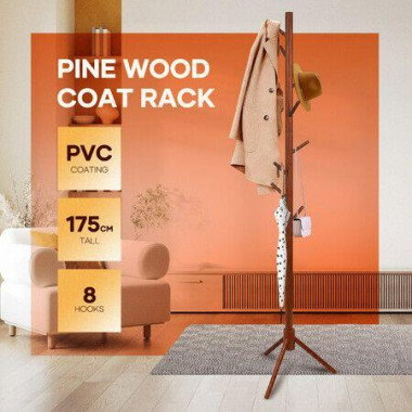Wooden Coat Rack Stand 8 Hooks Adjustable Entryway Storage Clothes Hat Jacket Bag Hanger Freestanding Hall Tree Organiser Bedroom Furniture 175x40cm