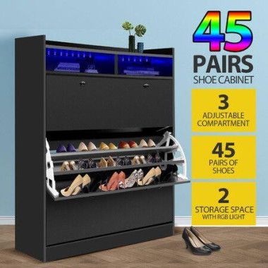 Wooden Shoe Cabinet Storage Rack Organiser Holder Shelf Stand 45 Pairs Black With RGB Light