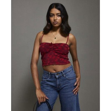 Motel Rocks Halusi Crop Top Grunge Floral Flock Red