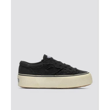 Superga Womens Revolley Fringed Stone Washed Platform Black Bristol-f Off White