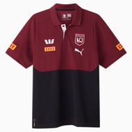 Detailed information about the product 2025 QLD Maroons Men's Team Polo Top in Black/Burgundy/Qrl, Size Medium, Cotton/Polyester by PUMA