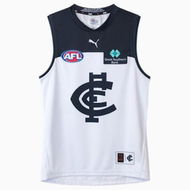 Detailed information about the product Carlton Football Club 2025 Men's Replica Clash Guernsey in White/Dark Navy/Cfc Clash, Size Medium by PUMA