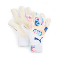 Detailed information about the product FUTURE Pro VOLUME UP Hybrid Goalkeeper Gloves in White/Poison Pink/Luminous Blue, Size 10, Polyester/Elastane by PUMA