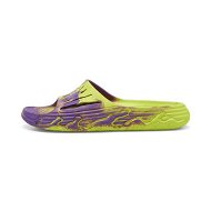 Detailed information about the product MB.03 Basketball Unisex Slides in Safety Yellow/Purple Glimmer, Size 10, Synthetic by PUMA