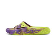 Detailed information about the product MB.03 Basketball Unisex Slides in Safety Yellow/Purple Glimmer, Size 11, Synthetic by PUMA