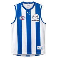 Detailed information about the product North Melbourne Football Club 2024 Menâ€™s Replica Home Guernsey in White/Surf The Web/Nmfc Home, Size Small by PUMA