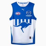 Detailed information about the product North Melbourne Football Club 2025 Men's Replica Away Guernsey in White/Surf The Web/Nmfc Away, Size Large by PUMA