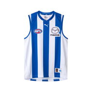 Detailed information about the product North Melbourne Football Club 2025 Youth Replica Home Guernsey in Surf The Web/White/Nmfc Home, Size XS by PUMA