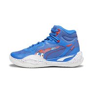 Detailed information about the product Playmaker Pro Mid Dylan Unisex Basketball Shoes in Bluemazing/For All Time Red, Size 11, Synthetic by PUMA Shoes