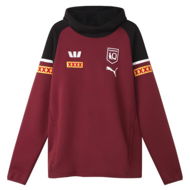 Detailed information about the product Queensland Maroons 2024 Menâ€™s Team Hoodie in Black/Burgundy/White, Size Small, Cotton/Polyester by PUMA