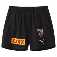 Detailed information about the product Queensland Maroons 2024 Menâ€™s Training Short in Black/White/Burgundy, Size 2XL, Polyester by PUMA