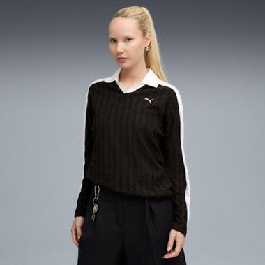 T7 Women's Relaxed Long Sleeve Polo Top in Black, Size Small, Cotton by PUMA