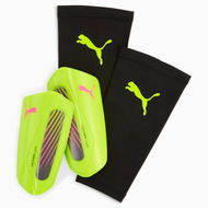 Detailed information about the product ULTRA Light Football Strap Shinguards in Yellow Alert/Aged Silver, Size Small, Polyester/Polyamide/Rubber by PUMA